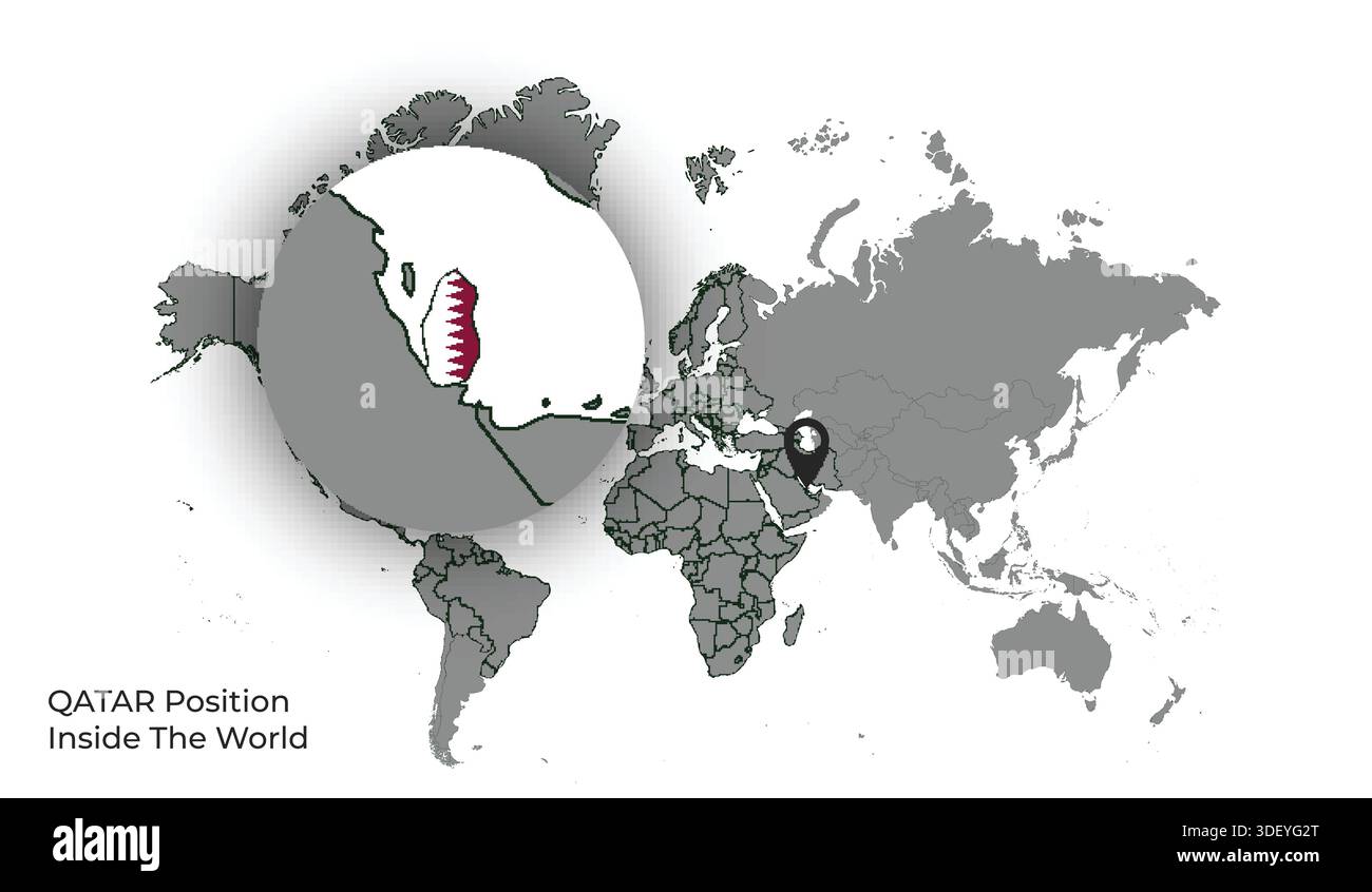 QATAR Position Inside the World with Flag in Map Stock Vector