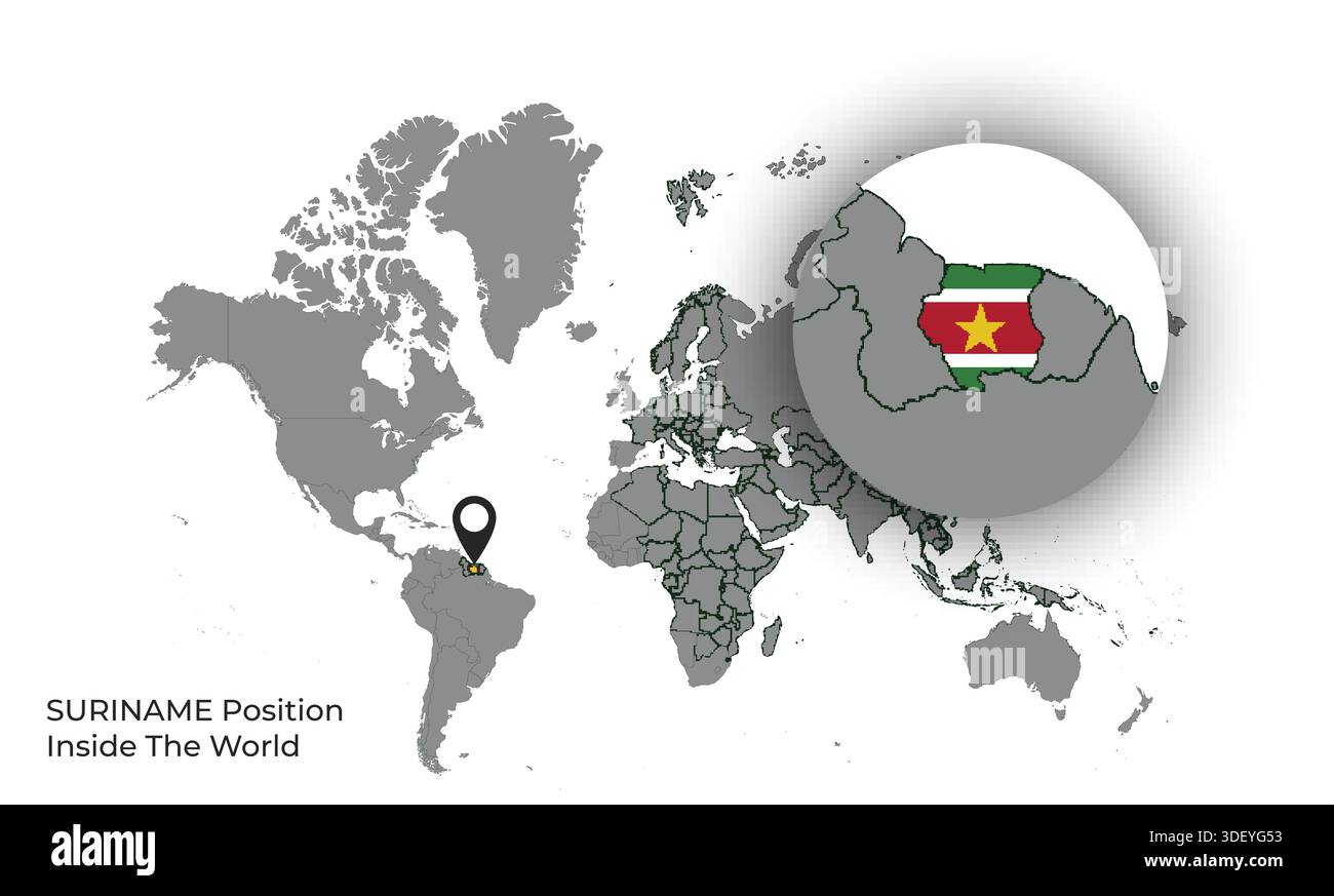 SURINAME Position Inside the World with Flag in Map Stock Vector