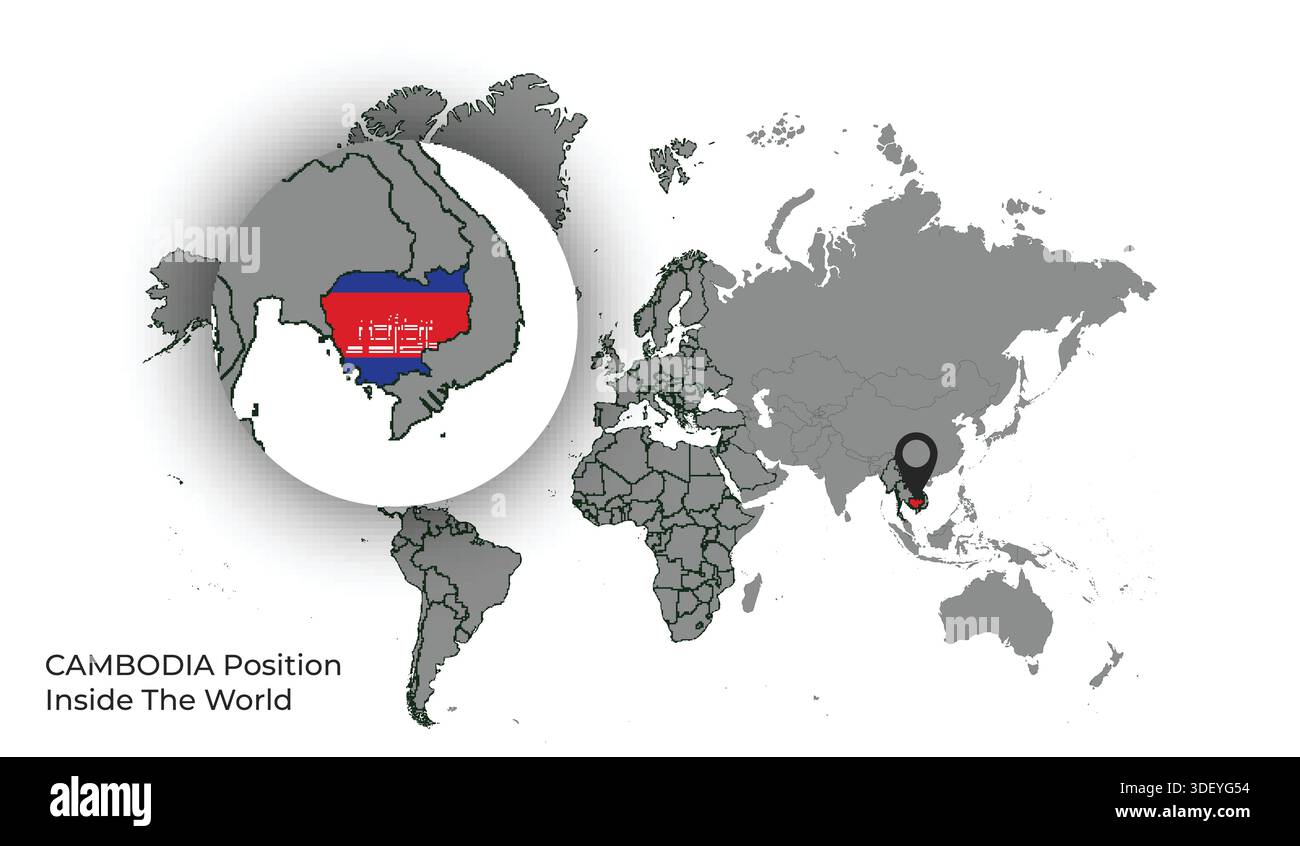 CAMBODIA Position Inside the World with Flag in Map Stock Vector