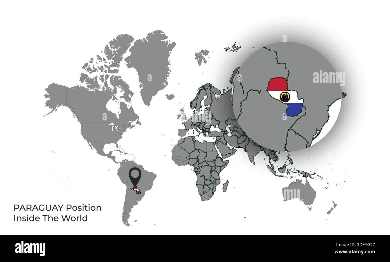 PARAGUAY Position Inside the World with Flag in Map Stock Vector