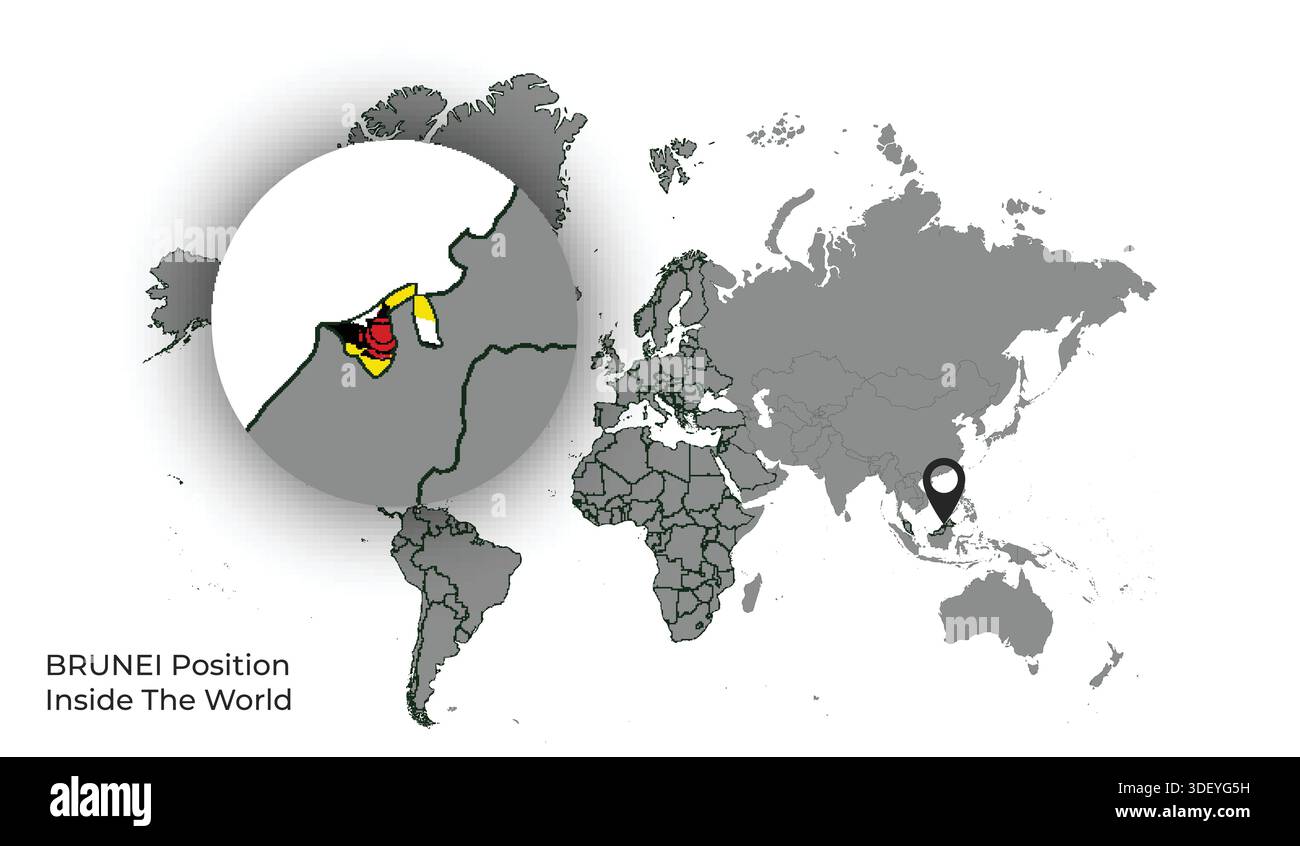 BRUNEI Position Inside the World with Flag in Map Stock Vector