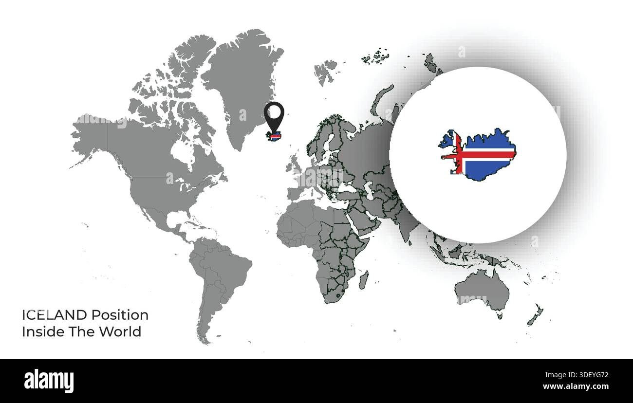 ICELAND Position Inside the World with Flag in Map Stock Vector