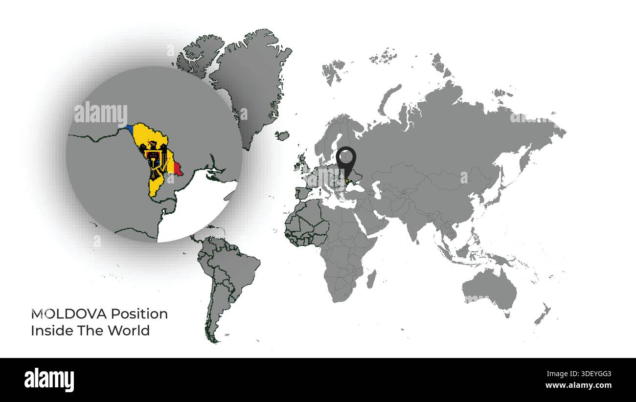 MOLDOVA Position Inside the World with Flag in Map Stock Vector
