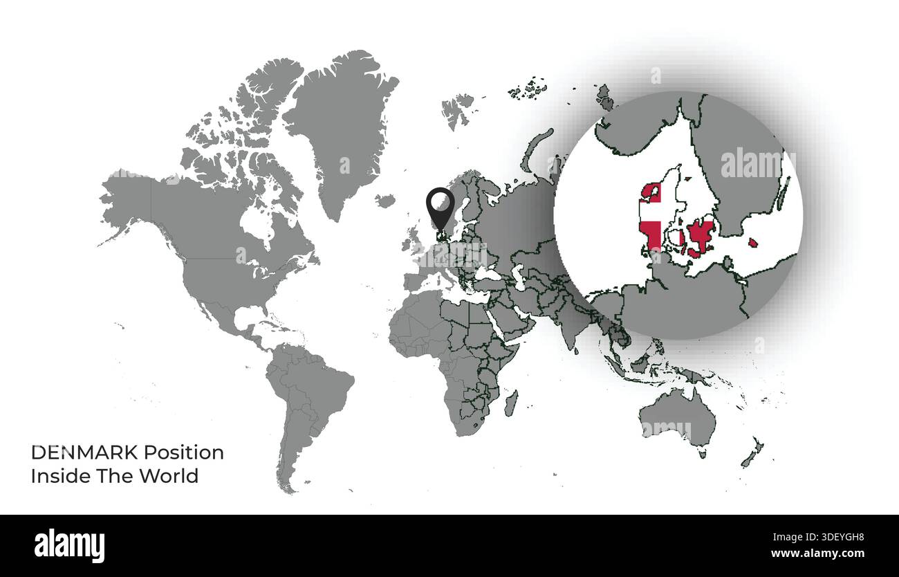 DENMARK Position Inside the World with Flag in Map Stock Vector