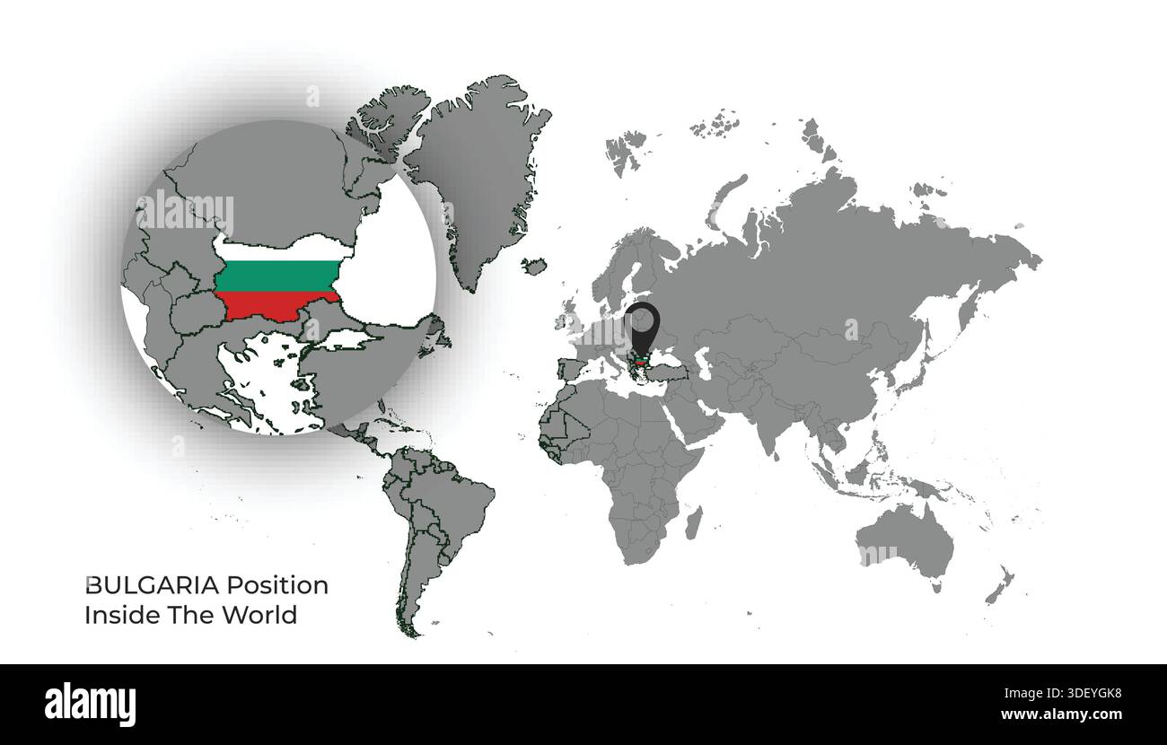 BULGARIA Position Inside the World with Flag in Map Stock Vector