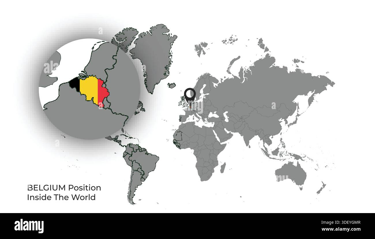 BELGIUM Position Inside the World with Flag in Map Stock Vector