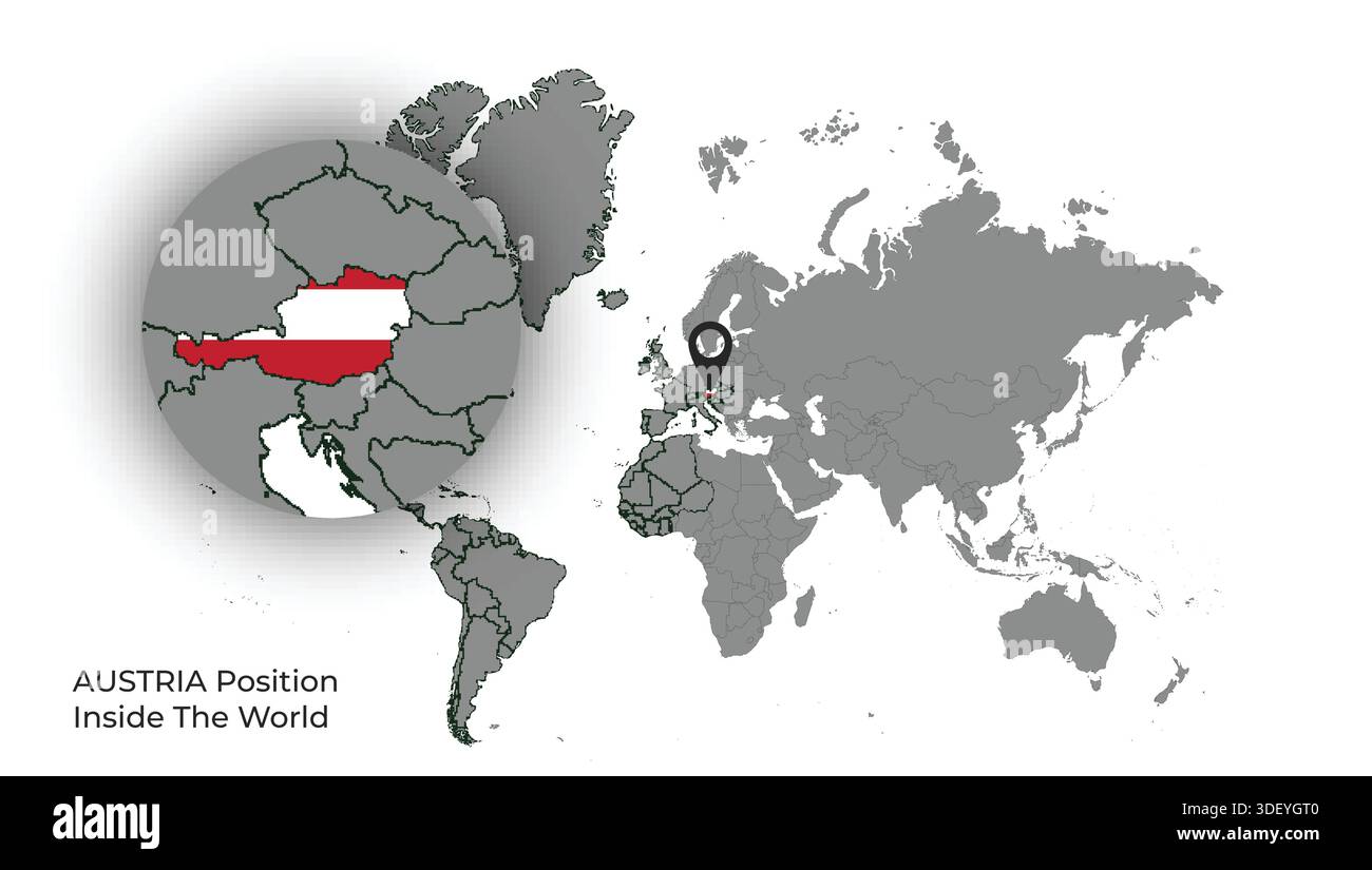 AUSTRIA Position Inside the World with Flag in Map Stock Vector