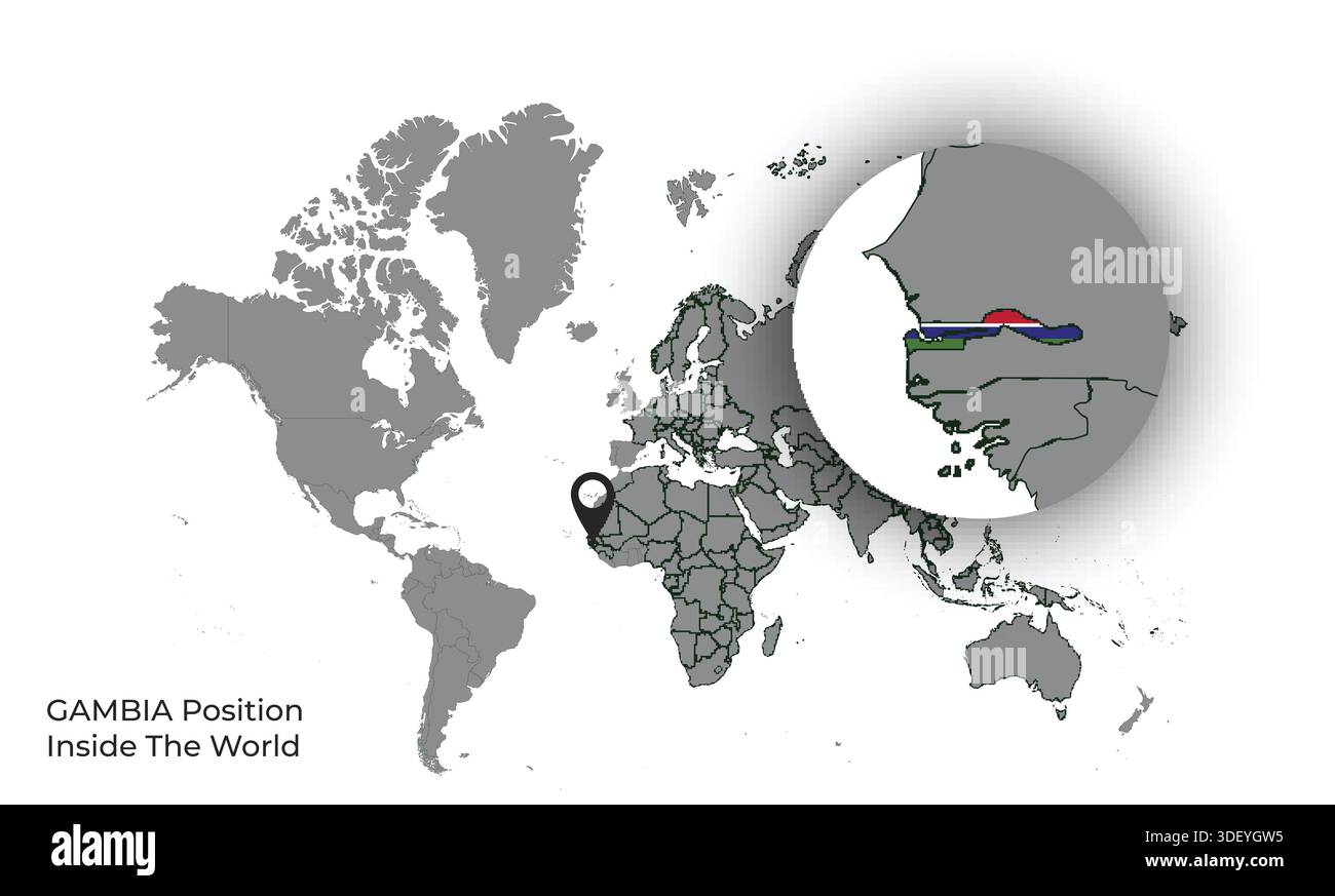 GAMBIA Position Inside the World with Flag in Map Stock Vector