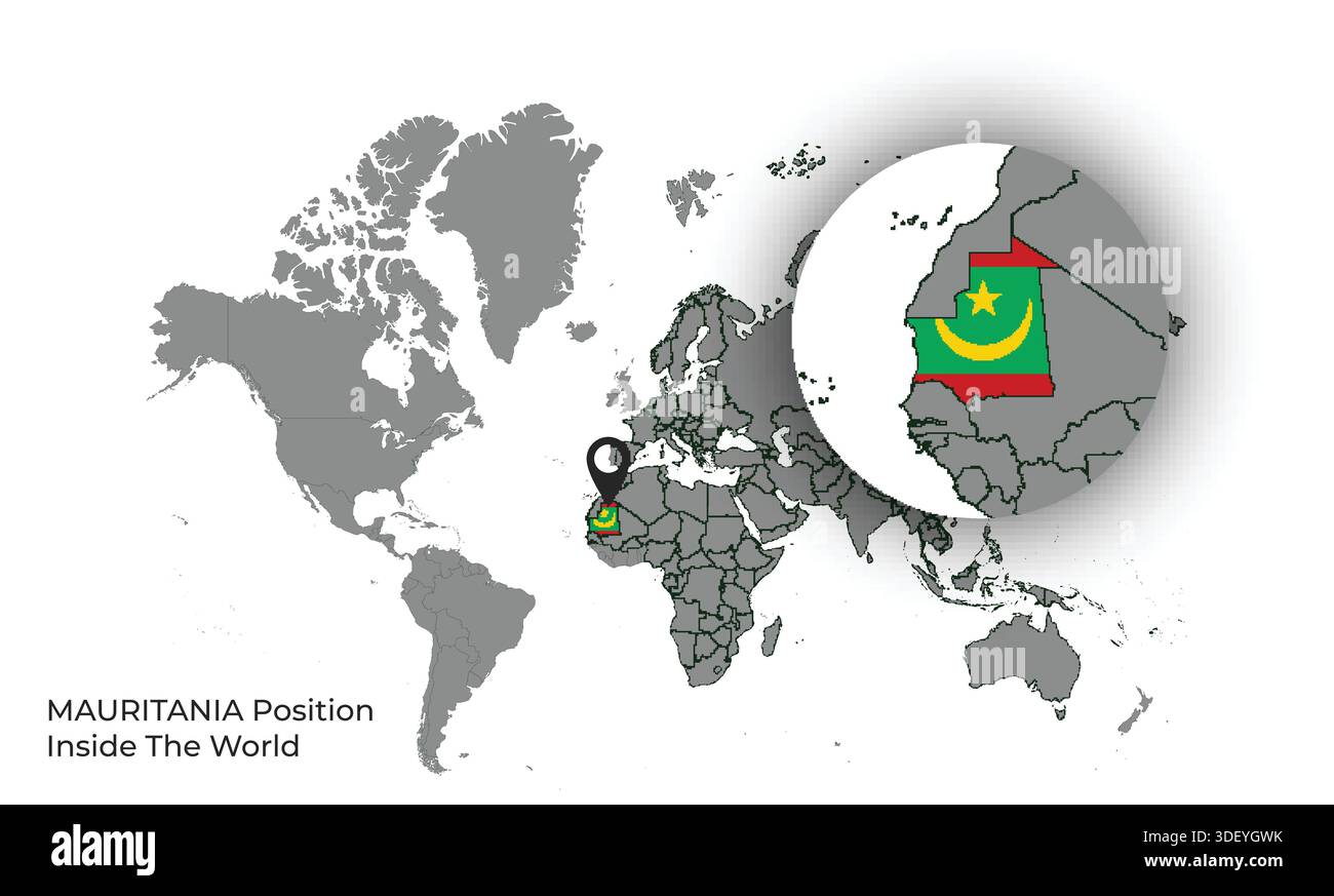 MAURITANIA Position Inside the World with Flag in Map Stock Vector