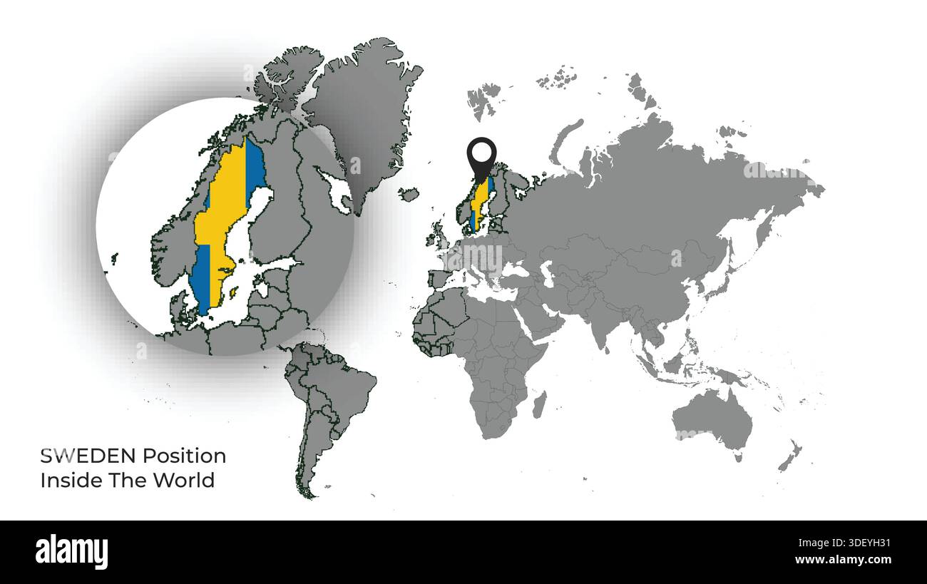 SWEDEN Position Inside the World with Flag in Map Stock Vector