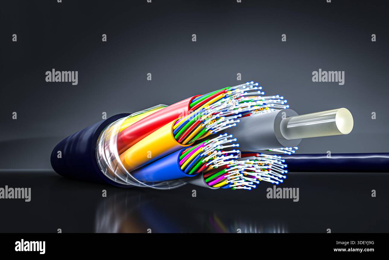 Fiber optic cable exploding colorful data connections 3d Stock Photo