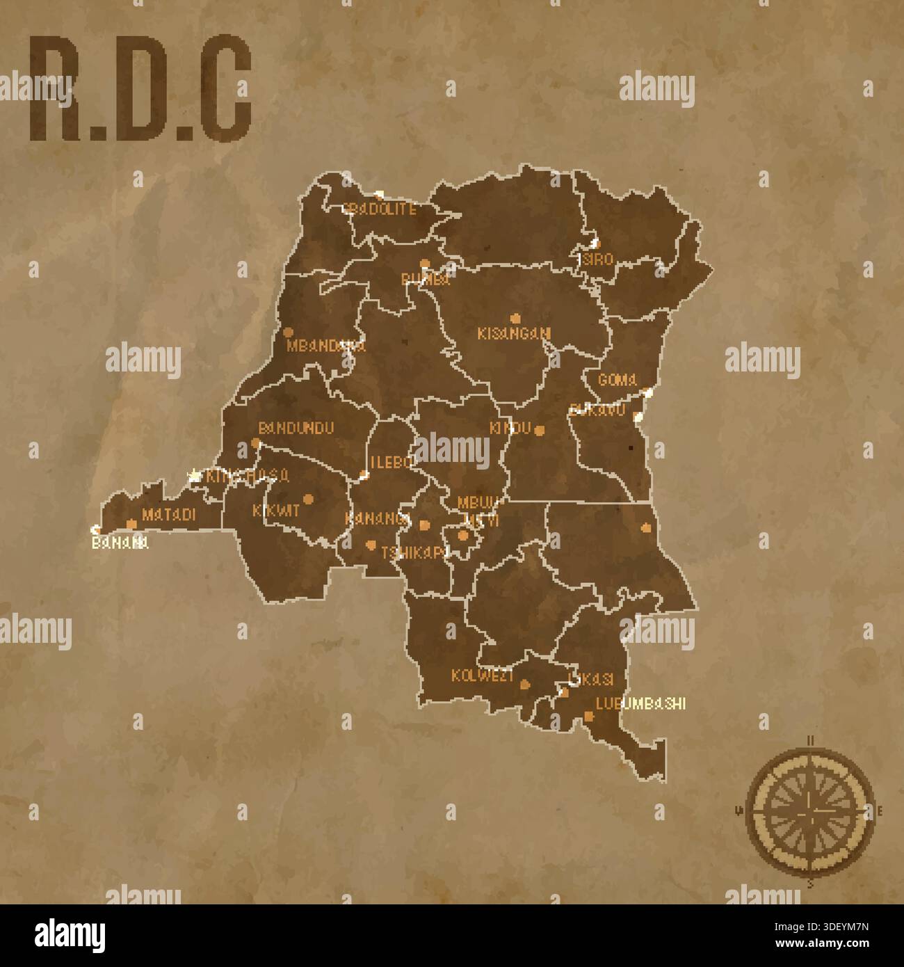 Vintage CONGO DEMOCRATIC REPUBLIC Map with Regions Borders and Major ...