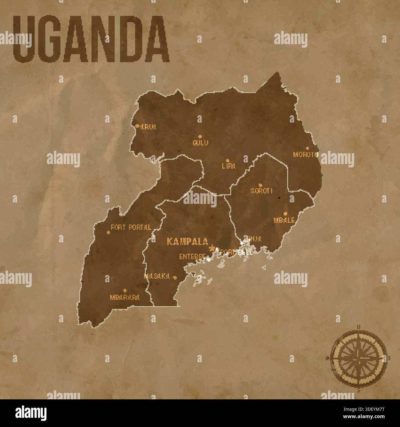 Vintage UGANDA Map with Regions Borders and Major Cities Positions ...