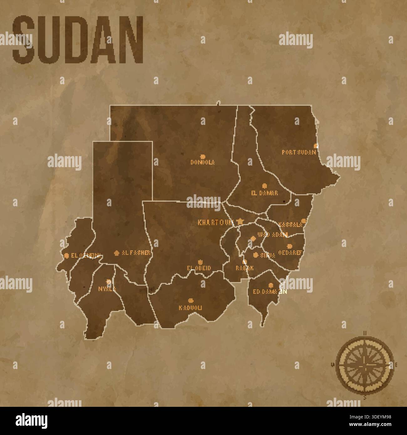 Vintage SUDAN Map with Regions Borders and Major Cities Positions Stock ...
