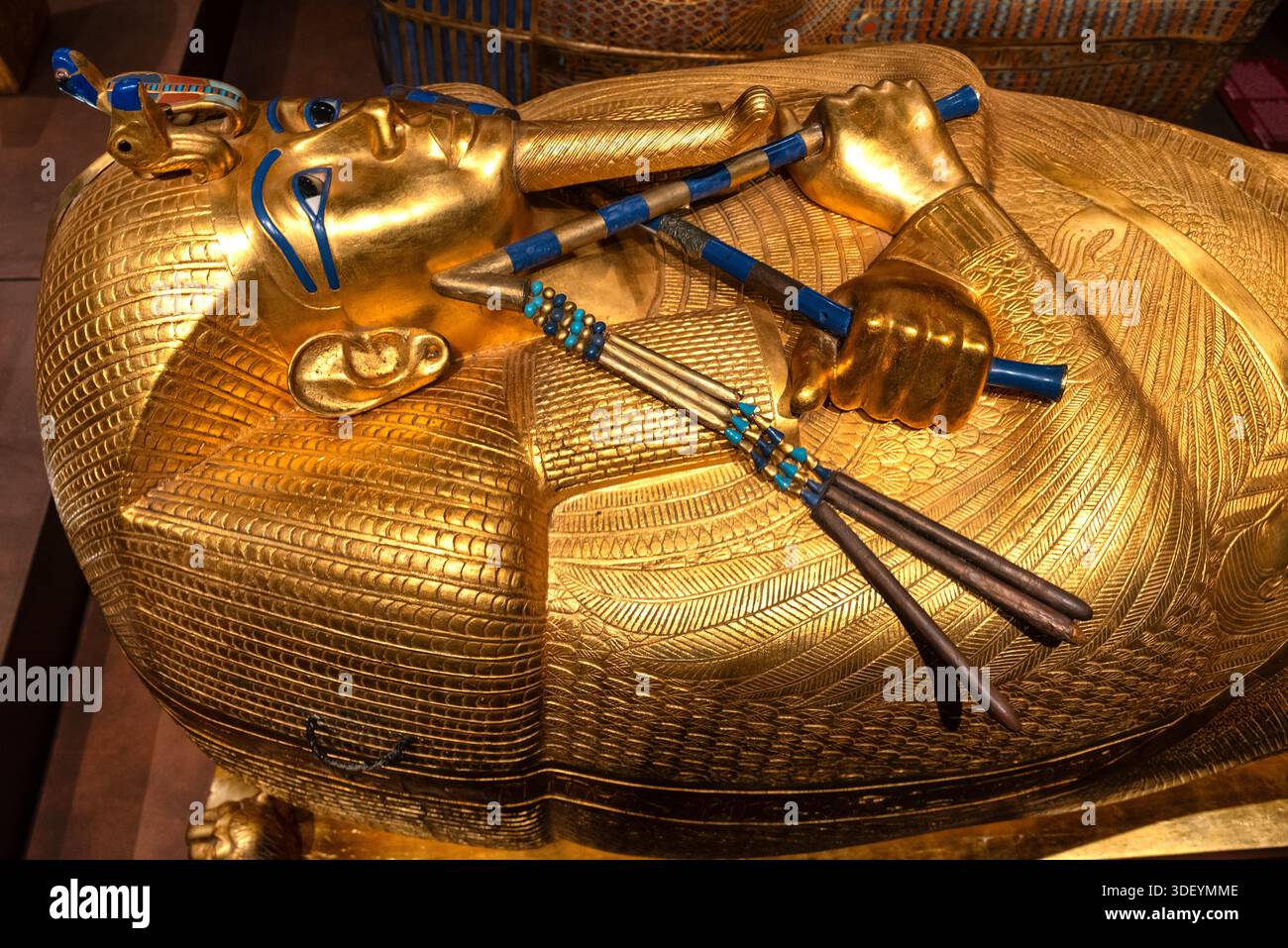 Pharaohs Rituals Close up view of golden ancient Egyptian sarcophagus detail showing ...