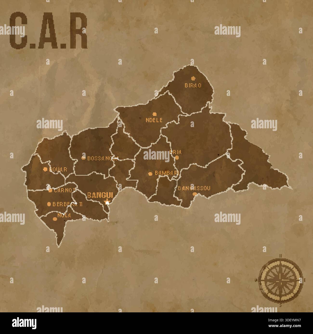 Vintage C.A.R Map with Regions Borders and Major Cities Positions Stock ...
