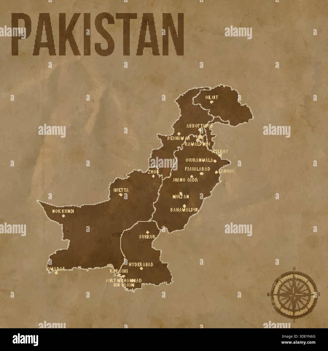 Vintage PAKISTAN Map with Regions Borders and Major Cities Positions ...