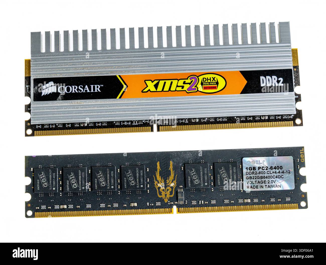 Two types of old computer RAM memory modules, with DDR2 and PC2 forms with Made in Taiwan label Stock Photo