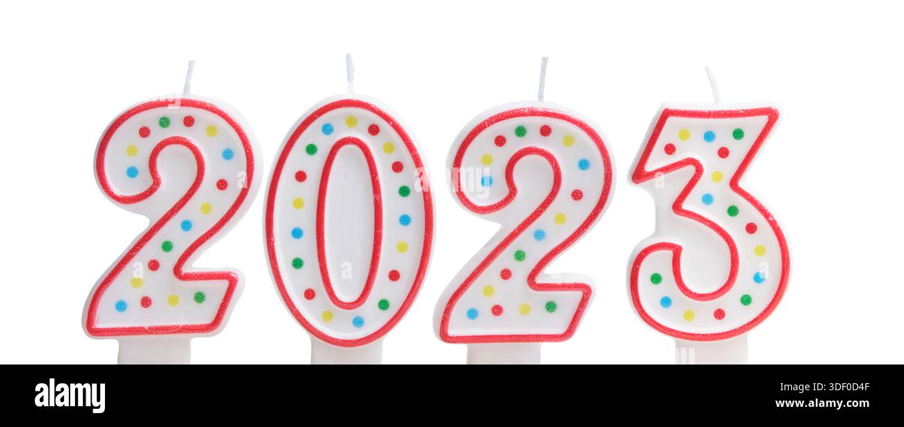 Candles with numbers year 2023 on white background Stock Photo