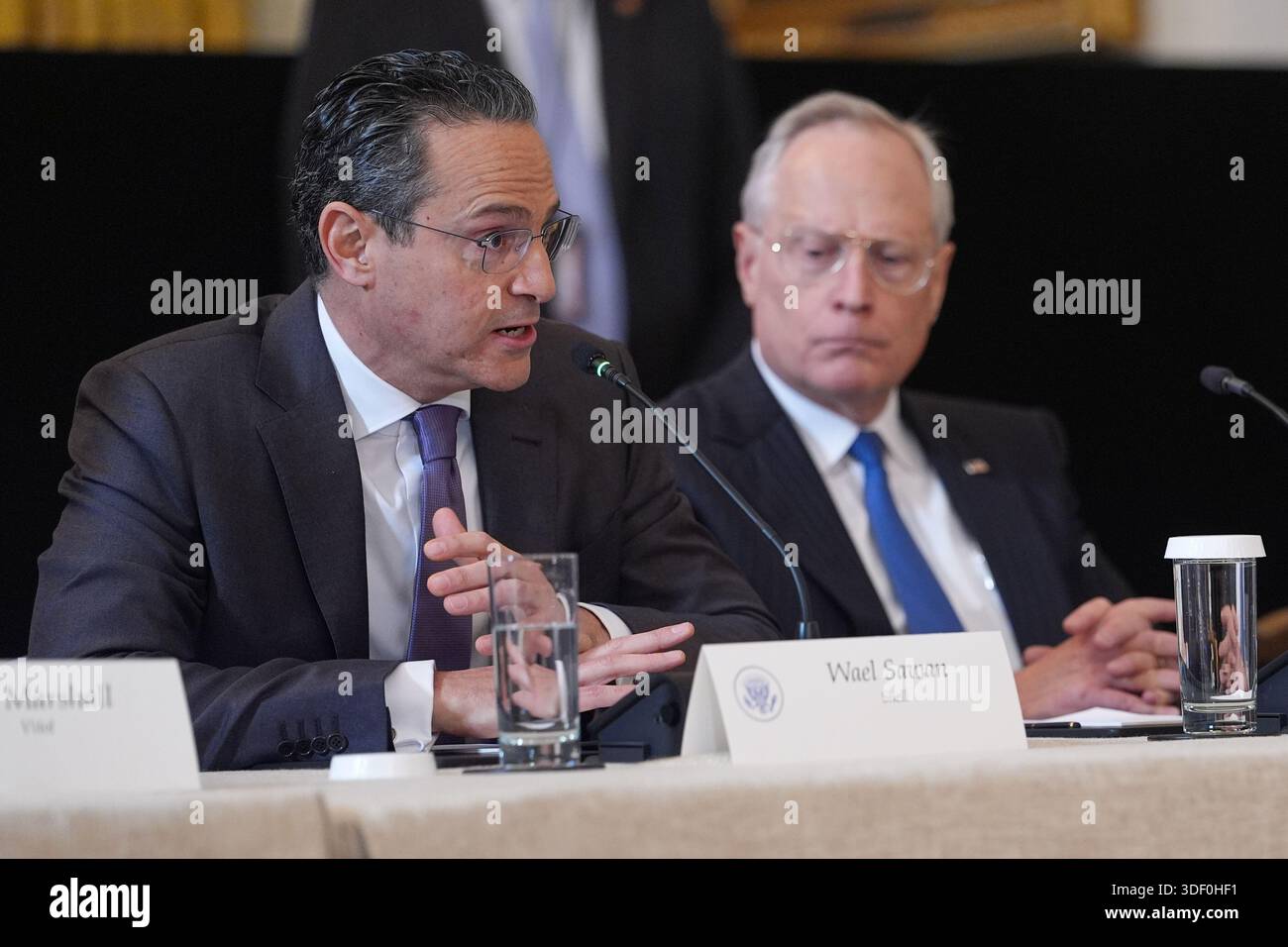 Wael Sawan, CEO of Shell, speaks, as Ross Perot Jr., founder of HKN ...