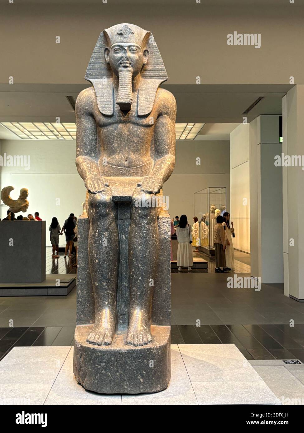 Ancient Egyptian pharaoh statue with nemes headdress and cobra, seated in a museum setting under soft lighting - Smartphone Captured Stock Image