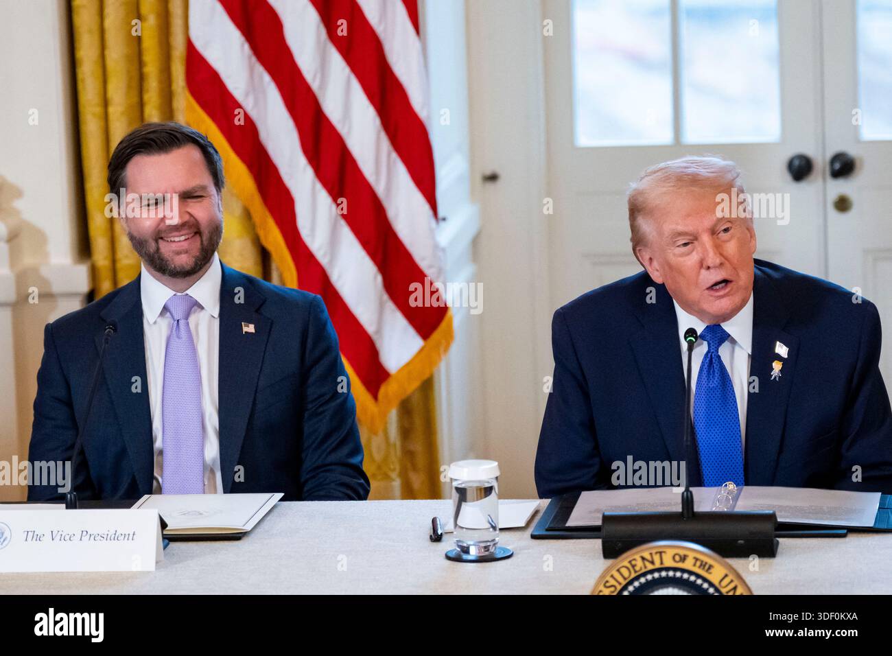 Vice President JD Vance smiles as President Donald Trump speaks during ...