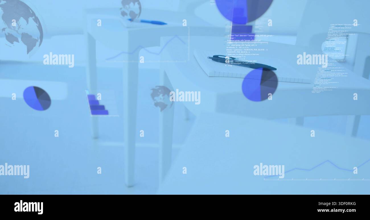 Displaying white table holding dark pen with floating pie charts and code snippets in studio Stock Photo