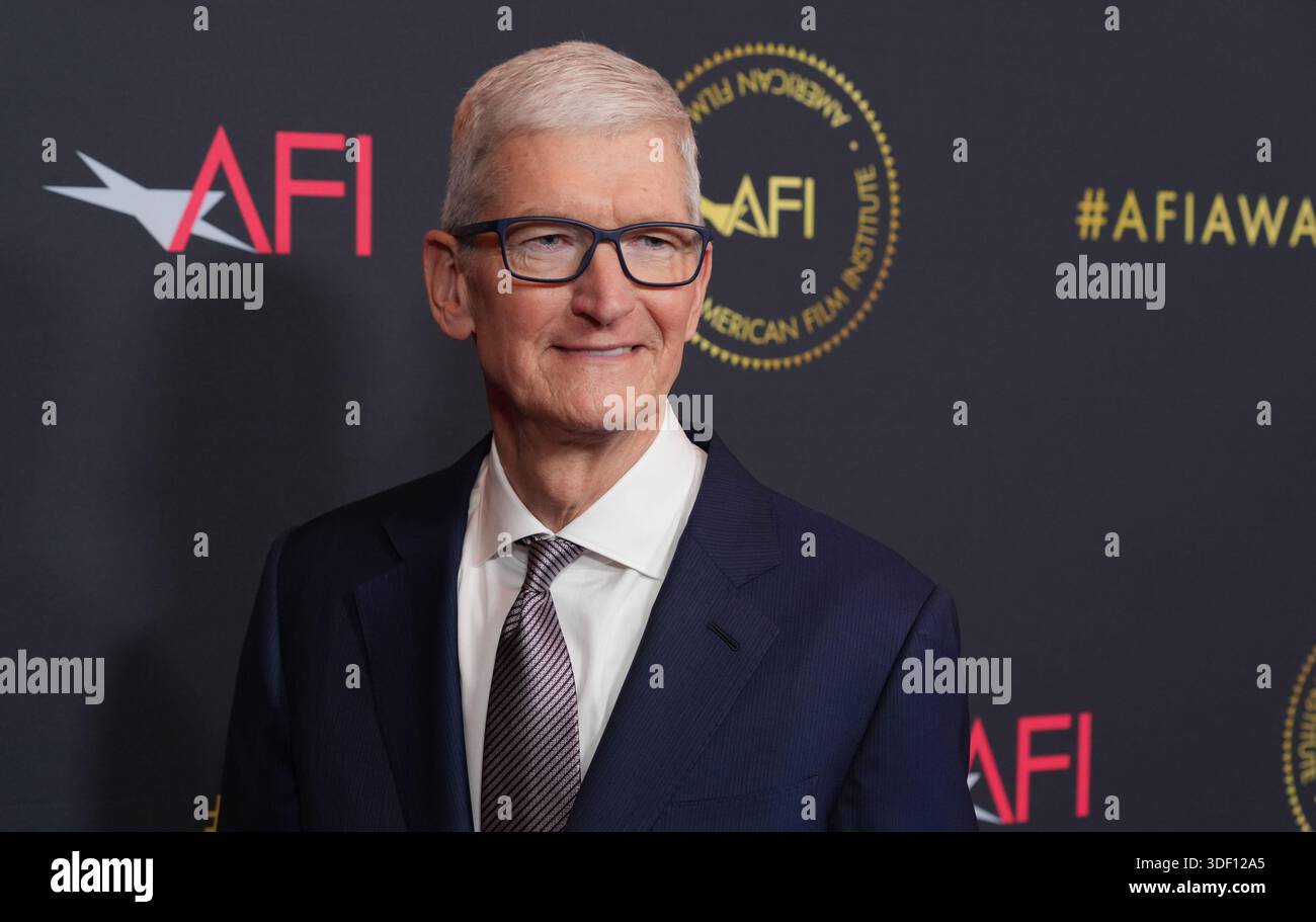 Tim Cook arrives at the AFI Awards on Friday, Jan. 9, 2026, at the Four ...