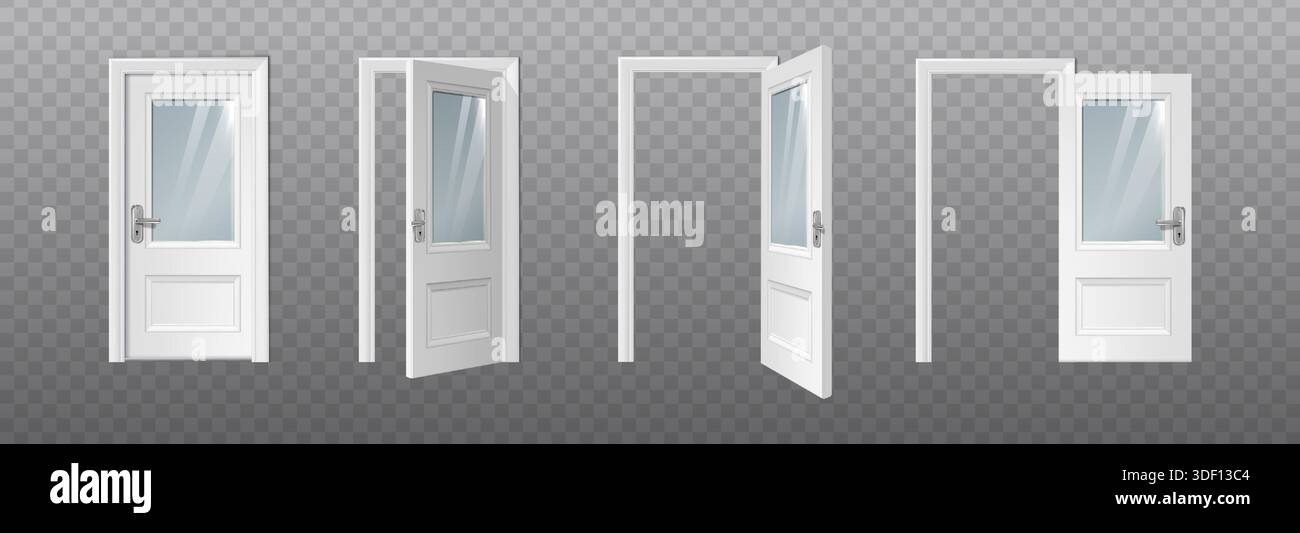 realistic vector icon illustration. White wooden front door open and ...