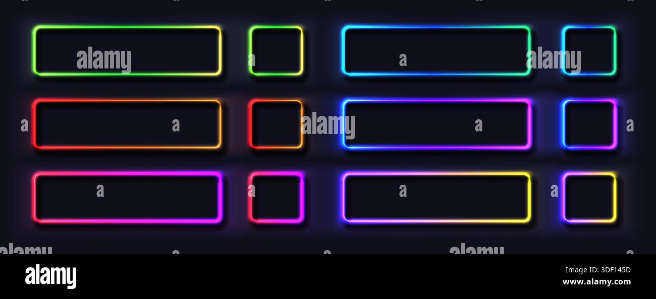 Set of glowing neon rectangular frame buttons in blue, viole, pink ...