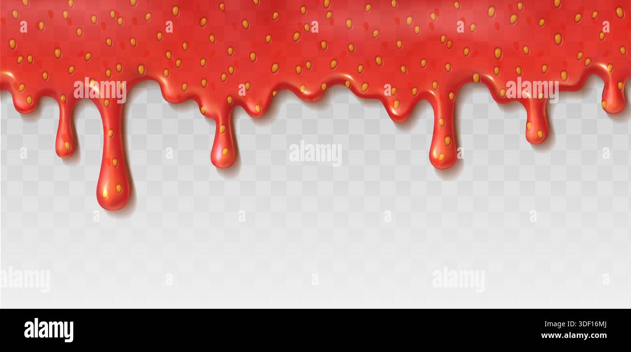 realistic vector illustration. Liquid dripping strawberry jam isolated on background. Stock Vector