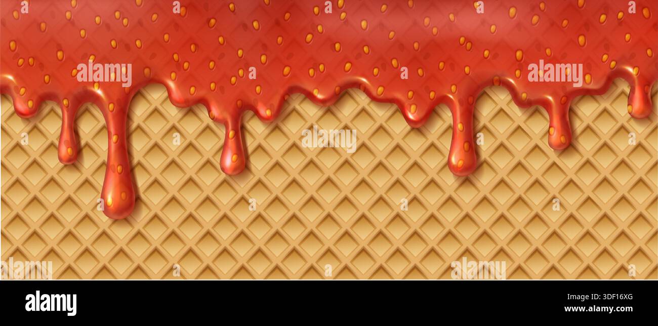 realistic vector icon illustration. Liquid strawberry jam on waffle texture. Stock Vector