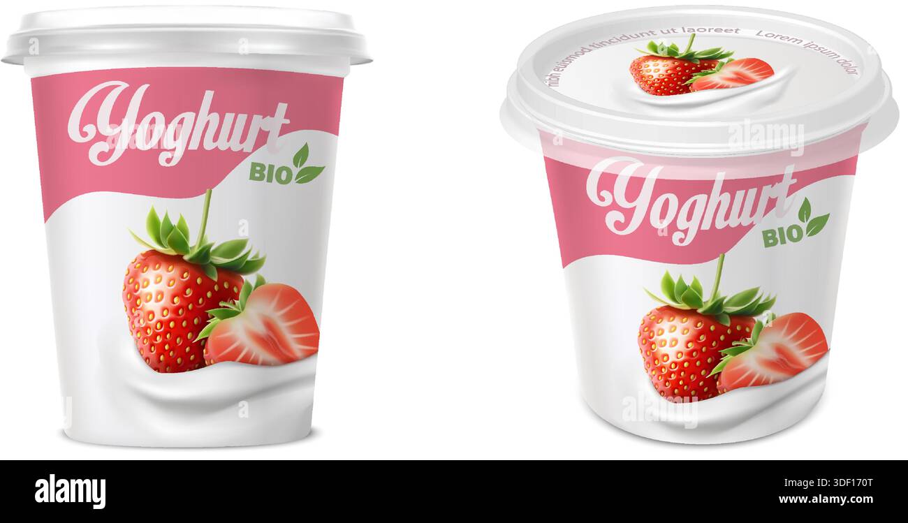realistic vector icon illustration set. Creamy yogurt container for ...