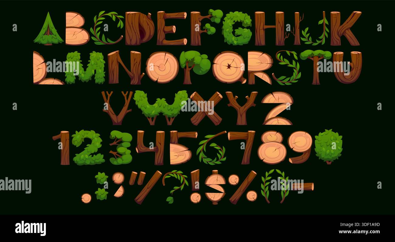 Cartoon wooden log font, wood stump and bush typeface, timber type ...