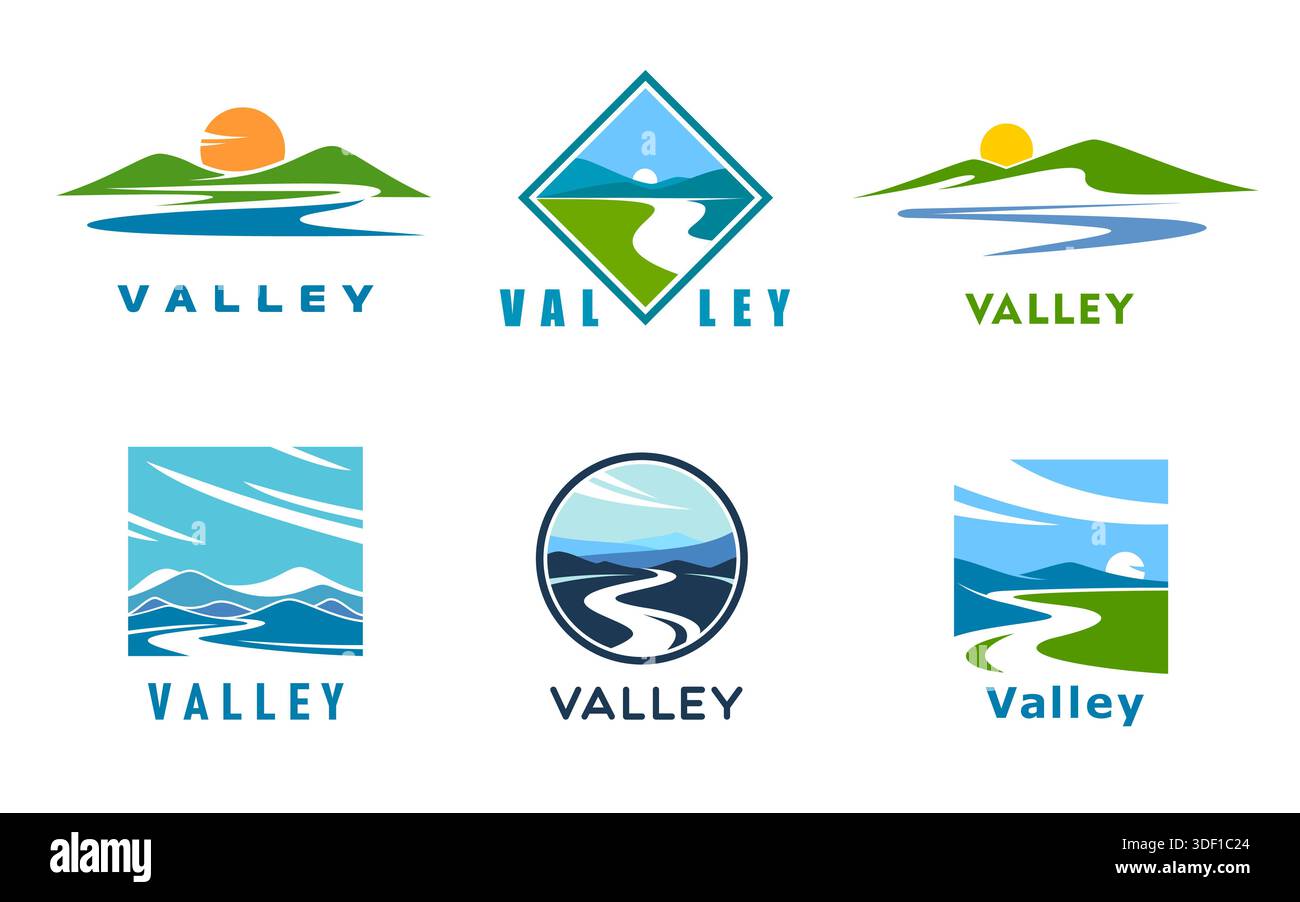 Mountain river valley icons, vector nature, outdoor adventure and ...