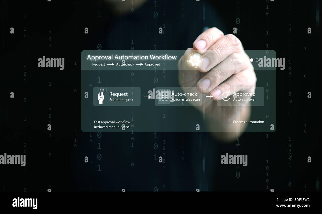 A man with a stylus tapping on digital interface showing automated approval workflow system with binary code background. Smart automation business pro Stock Photo