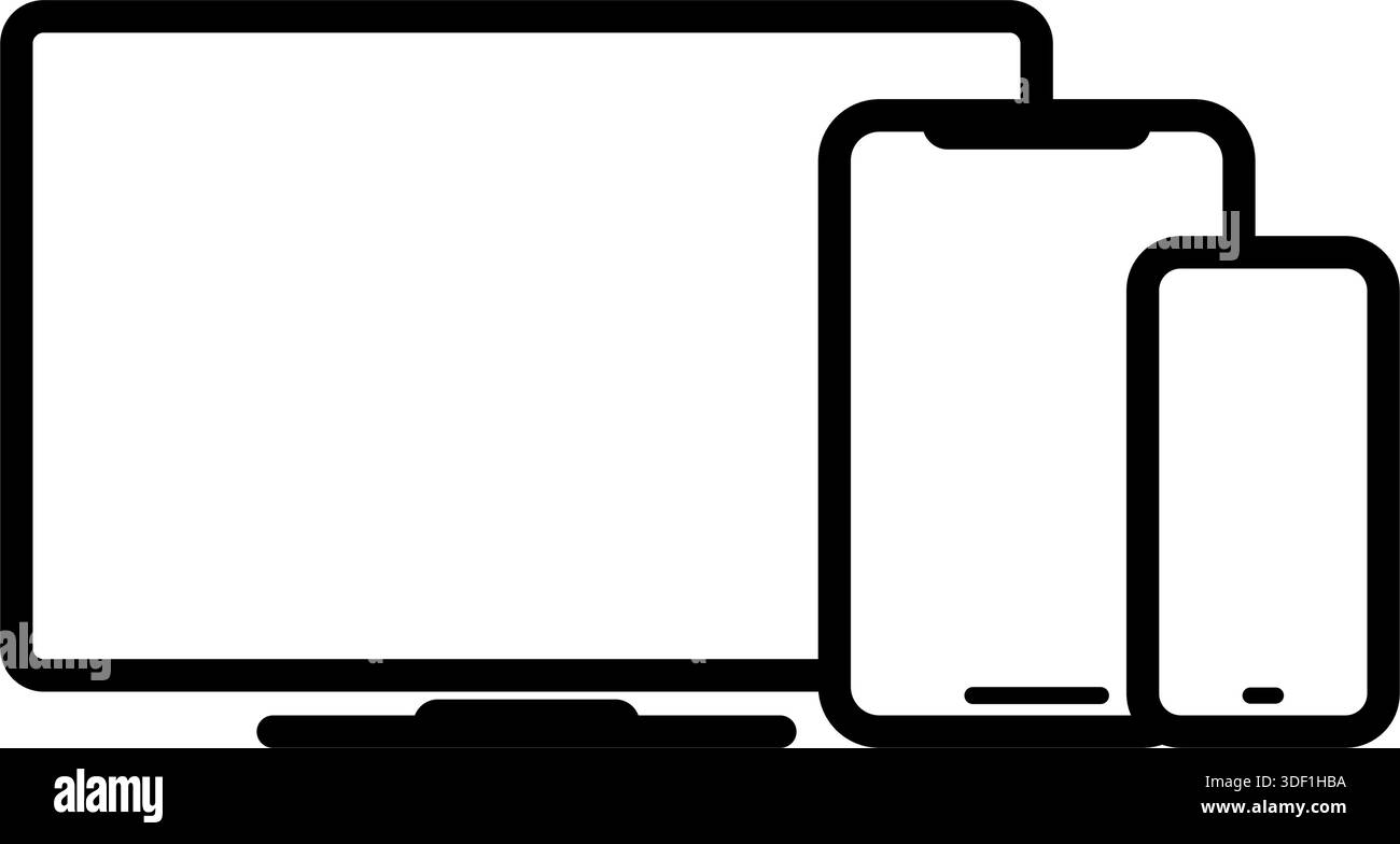 various simple electronic responsive display devices smart phone tablet computer ui icon symbol vector isolated on transparent background Stock Vector