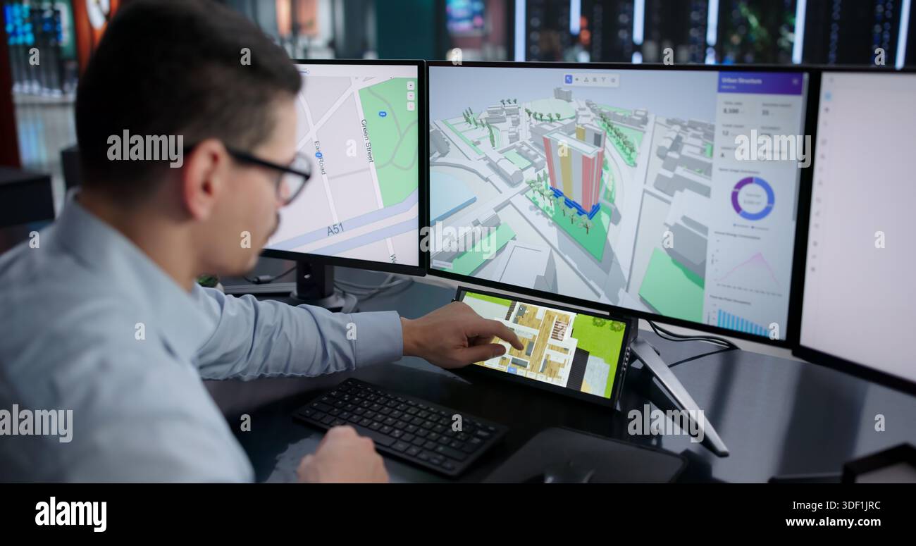 Young Hispanic Man Using CAD Software To Design Virtual House. Stock Photo