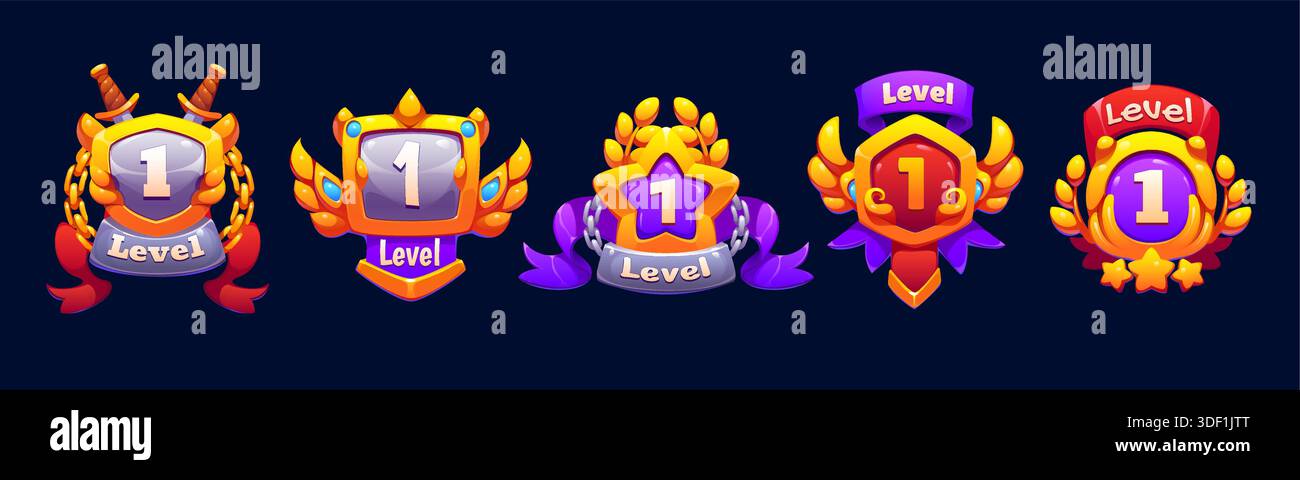 Game level up rank badge icons asset, shields with golden laurel ...