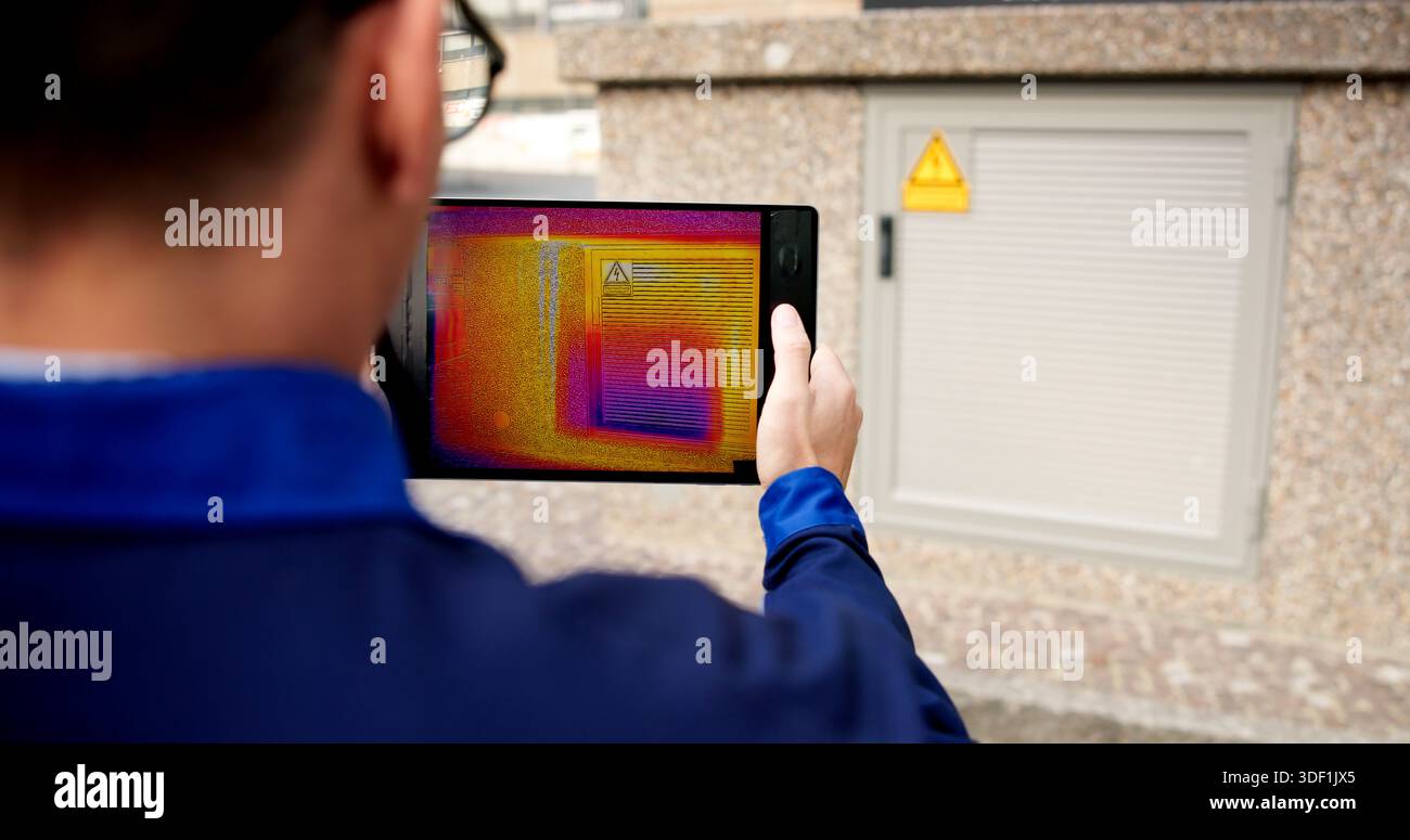 Electrical Engineer Detecting Overheating Using Thermal Camera Thermography For Safety Stock Photo