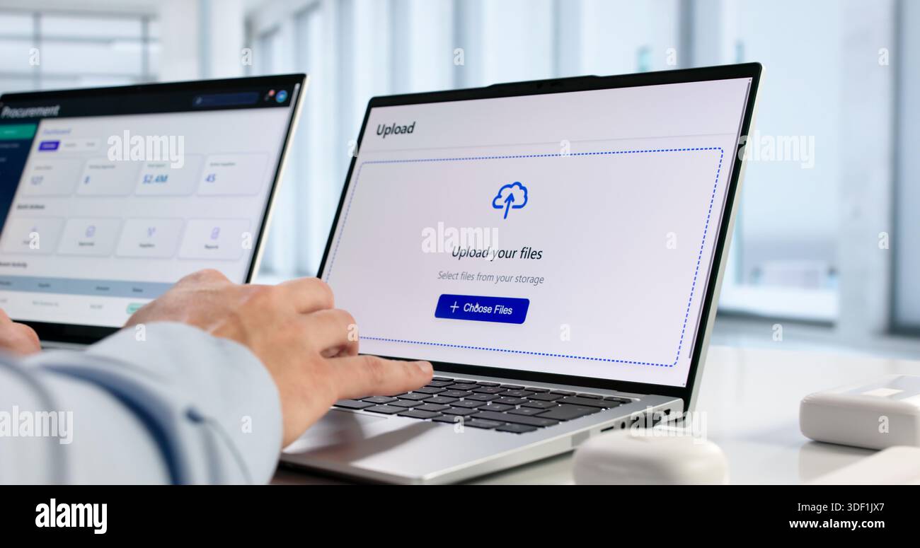 Hispanic IT Professional Uploads Secure Data To Encrypted Cloud Archive. Stock Photo