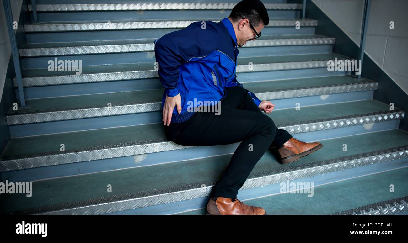 Construction Worker Injured On Stairs After Slip And Fall Accident. Stock Photo