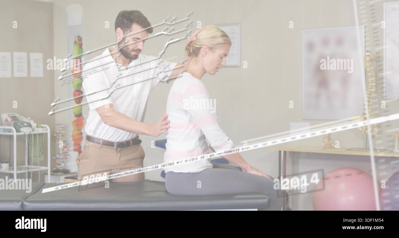 Assessing female patient wearing light top, leggings in therapy room ...