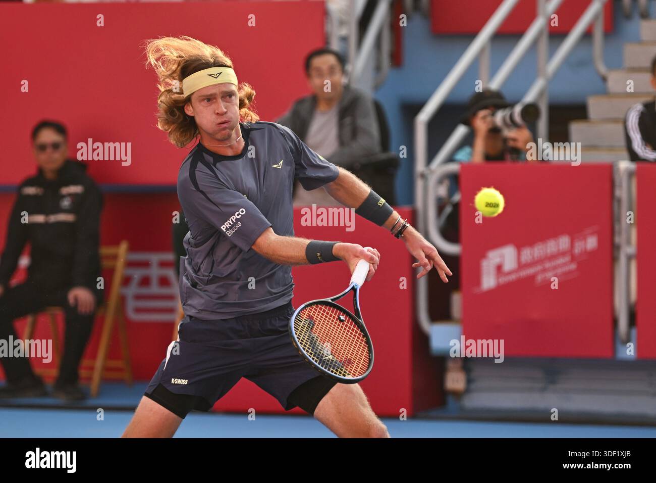 Andrey Rublev, a Russian tennis player, during a match at the Hong Kong ...