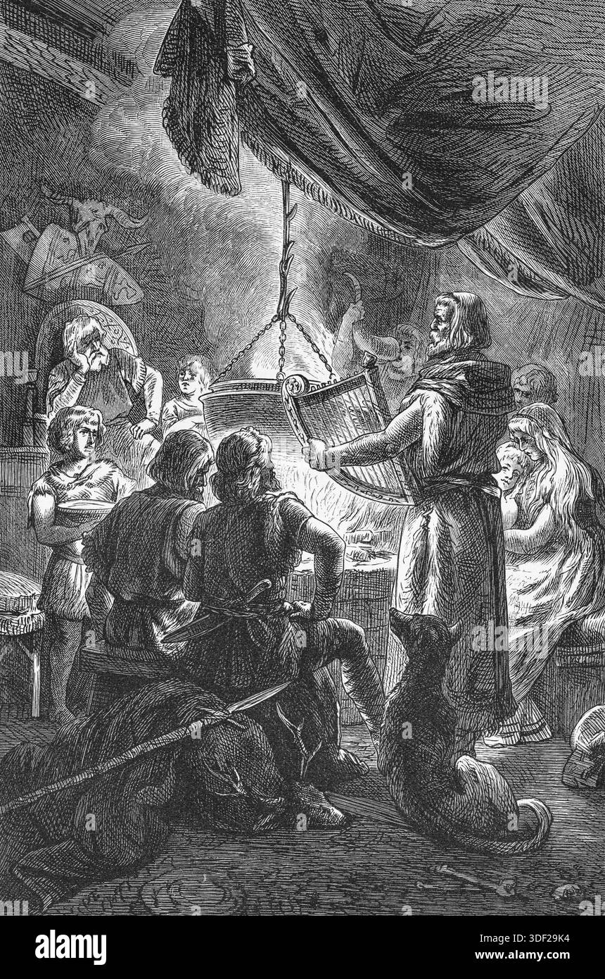Singers of heroic songs at a meal, Nordic mythology, wall with antlers, shield and spear, eating, drinking from horn, festival, large pot over open fi Stock Photo