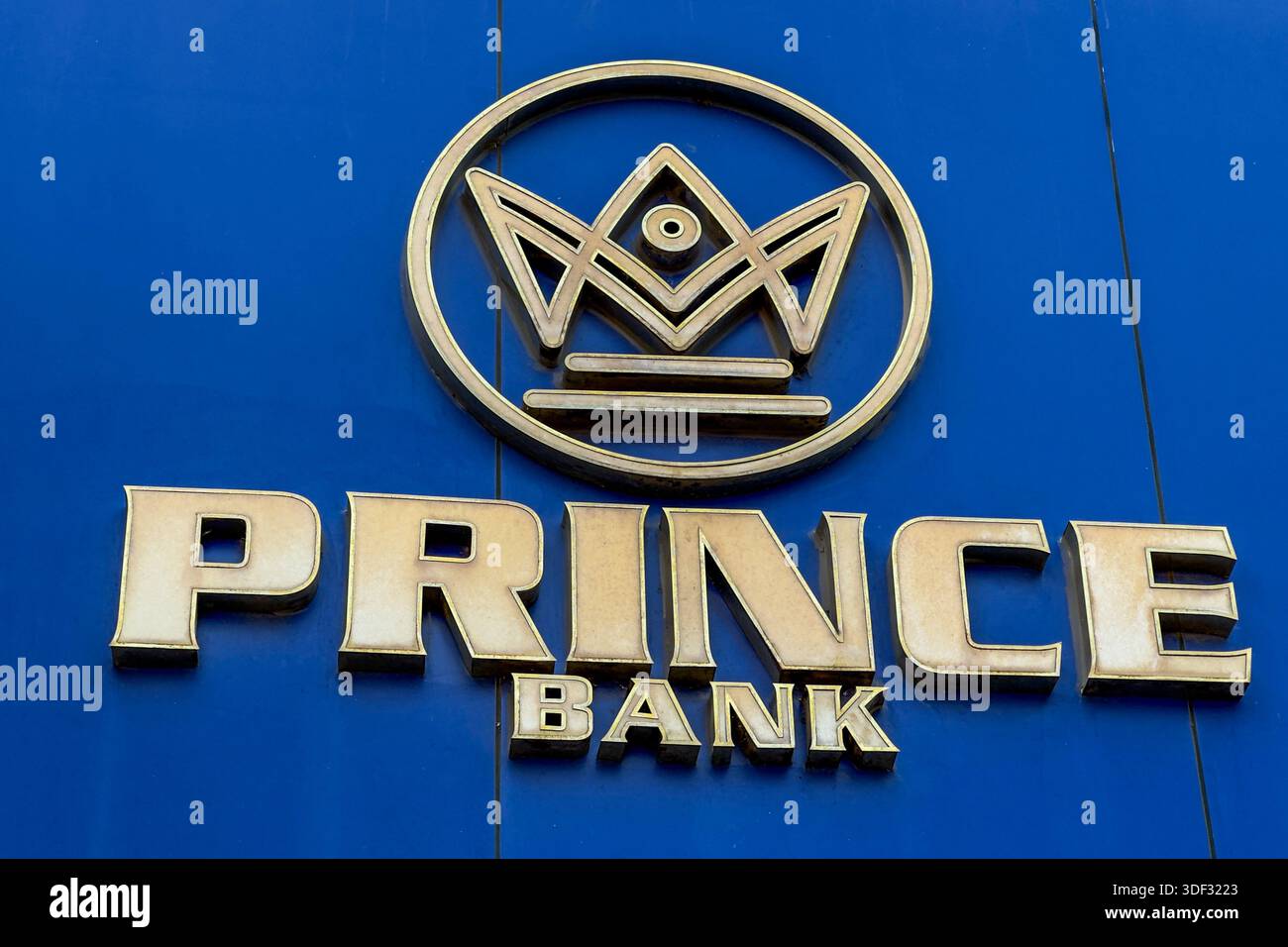 The logo of Prince Bank Plc. seen on its headquarter building in Phnom  Penh, Cambodia. In October 2025, the U.S. and UK governments imposed heavy  sanctions against the founder Chen Zhi and