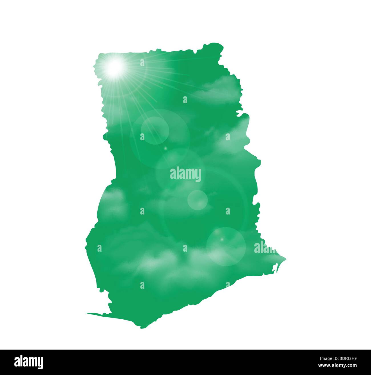 Map of GHANA with Beautiful Sun and Clouds in Body Stock Vector