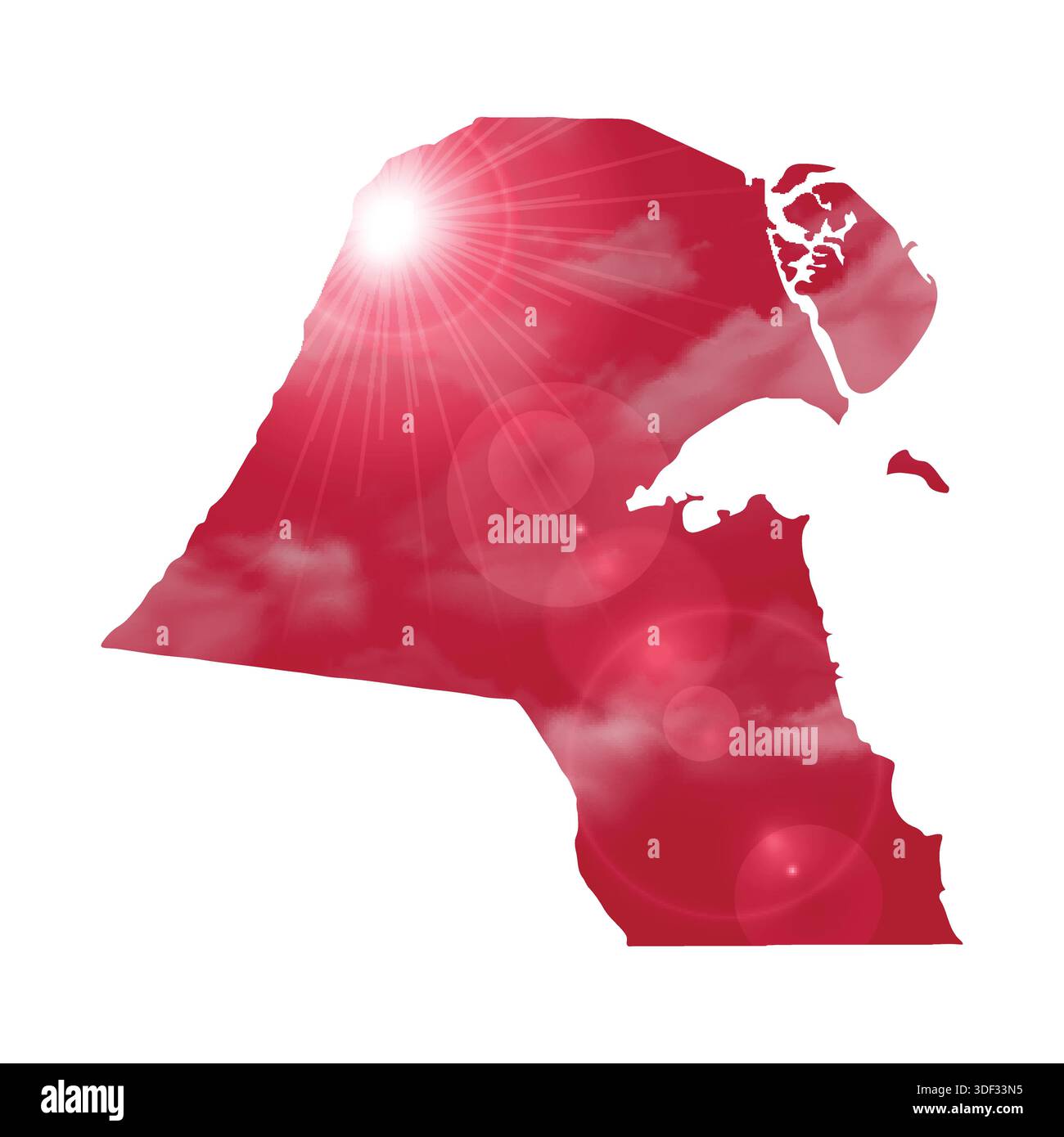Map of KUWAIT with Beautiful Sun and Clouds in Body Stock Vector