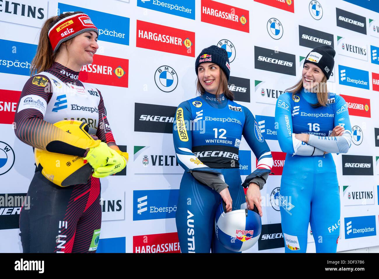 Winterberg, Germany. 10th Jan, 2025. Luge: World Cup, single-seater, women, 2nd run: runner-up Julia Taubitz (l-r, Germany), winner Hannah Prock (Austria) and third-placed Verena Hofer (Italy) stand together during the winners' conference. Credit: David Inderlied/dpa/Alamy Live News Stock Photo