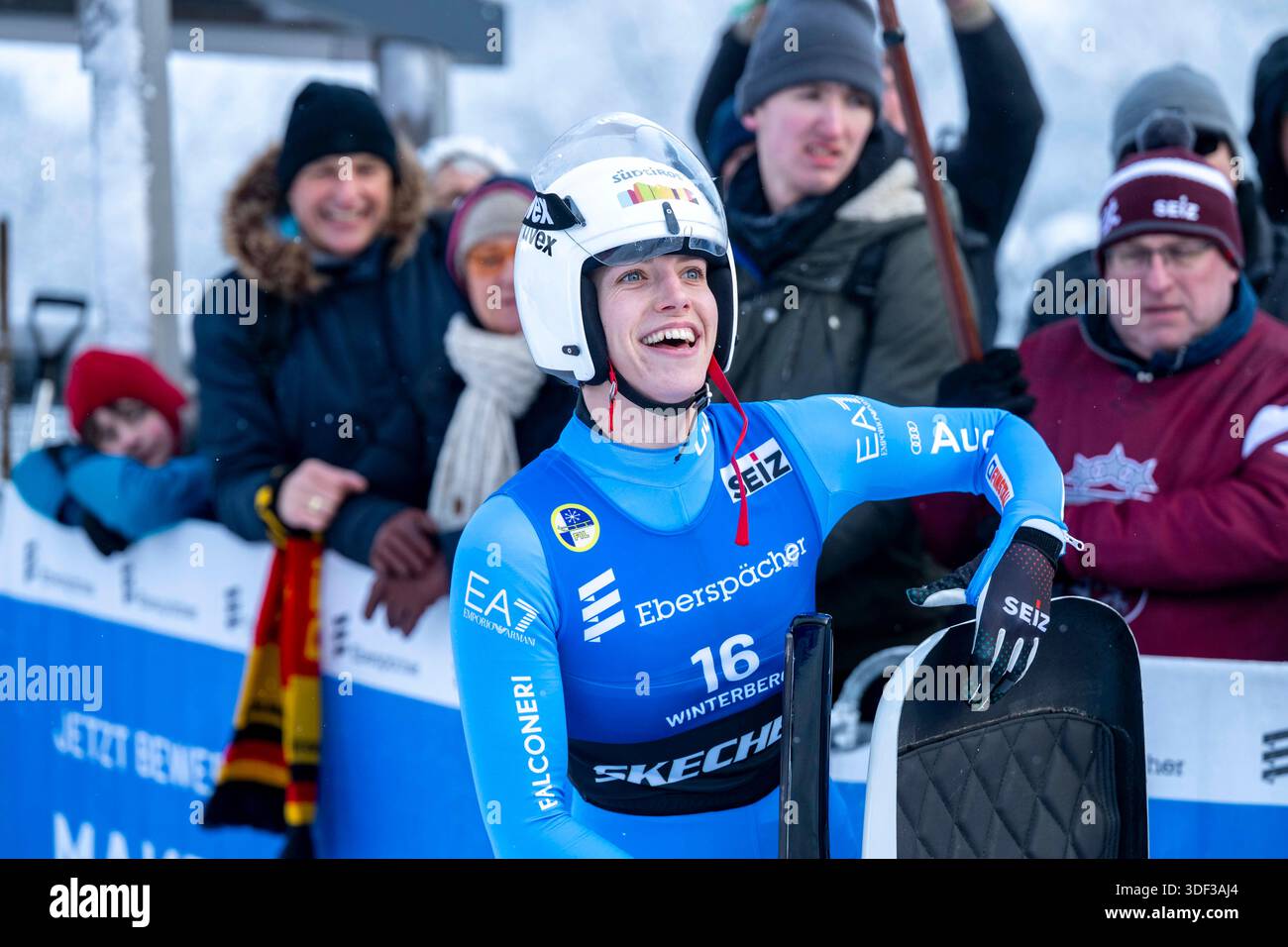 Winterberg, Germany. 10th Jan, 2026. Luge: World Cup, single-seater, women, 2nd run: Verena Hofer (Italy) reacts at the finish. Credit: David Inderlied/dpa/Alamy Live News Stock Photo
